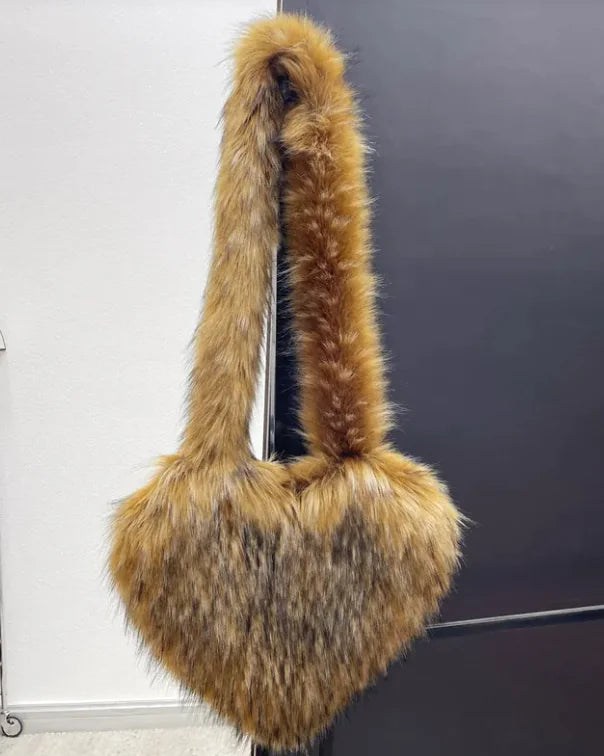 Women Heart Shape Faux Fur Fleece Shoulder Bag