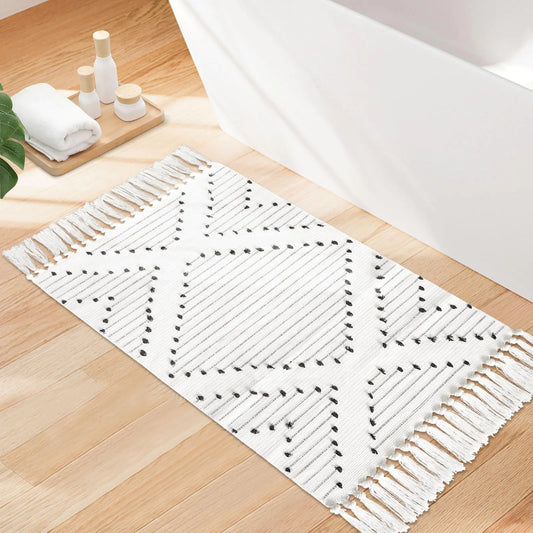 Black White Boho Rug – 2x3 ft Cotton Woven Bathroom Mat with Tassels