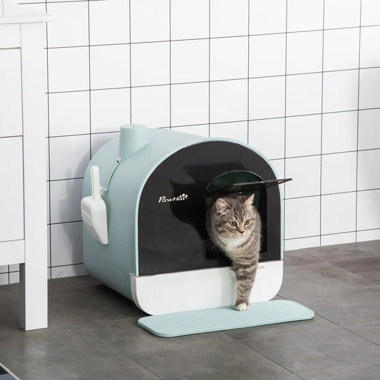 PawHut Cat Litter Box with Lid, Indoor Cat Litter Tray with Spoon, Strainer, Private Hooded Litter Box, Easy to Clean, Green, 17" x 17" x 18.5"