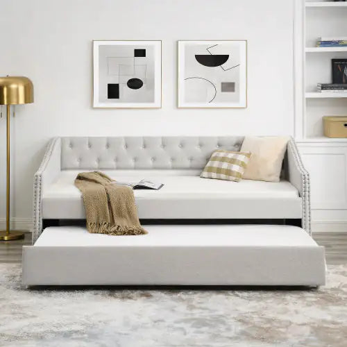 Double Sofa Bed with Double Roller – Tufted Upholstered Sofa with Button Back and Brass Studs on Wavy Arms, Beige (80.5"x41"x30.5")