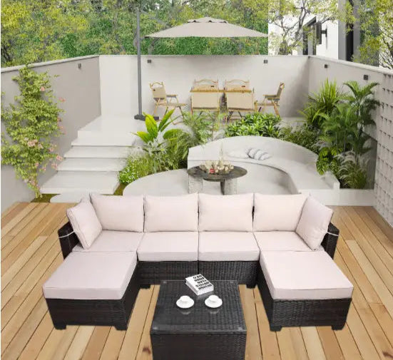 Outdoor Garden Patio Furniture 7-Piece PE Rattan Sofa Set with Cushions & Coffee Table – Beige