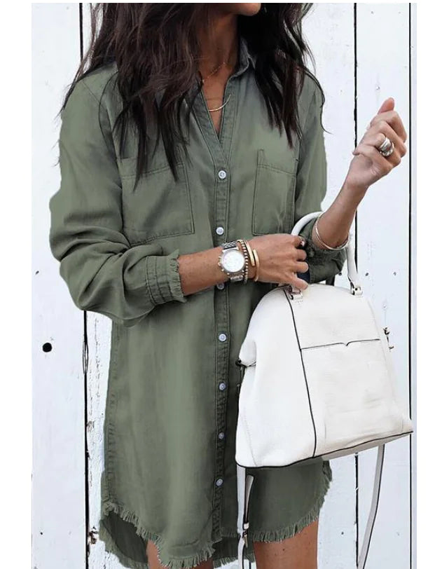 Fringe Denim Shirt – V-Neck Casual Chic in Light Blue, Blue & Army Green (S–XL)