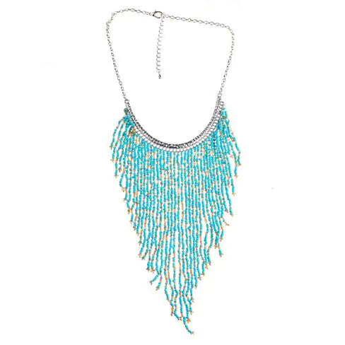 Bohemian Beads Waterfall Necklace – Handcrafted Turquoise or Silver Beads with Golden Accents (18" Chain + 10" Waterfall Drop)