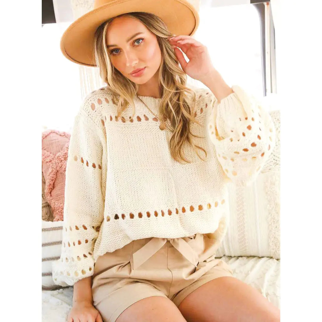 Balloon Sleeves Open-Knit Sweater Top – Lightweight Knit, Relaxed Fit, and Elegant Style