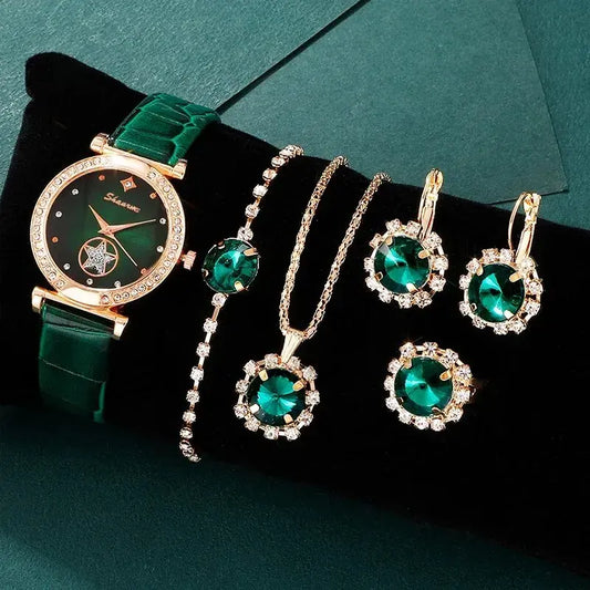 Complete Your Look with the Elegant Jewelry Green Luxury Quartz Watch Set