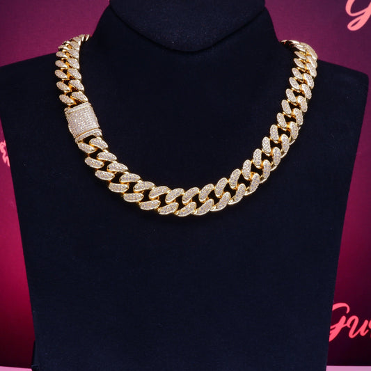 Flip Buckle Iced Cuban Link Chain Necklace – Gold-Plated Statement Piece