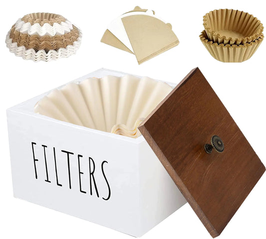Rustic White Wooden Coffee Filter Holder with Lid – Farmhouse Coffee Filter Storage Container for Countertop