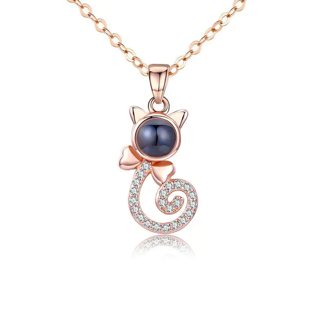 S925 Cat Projection Necklace – Elegant Silver Jewelry with Whimsical Feline Design