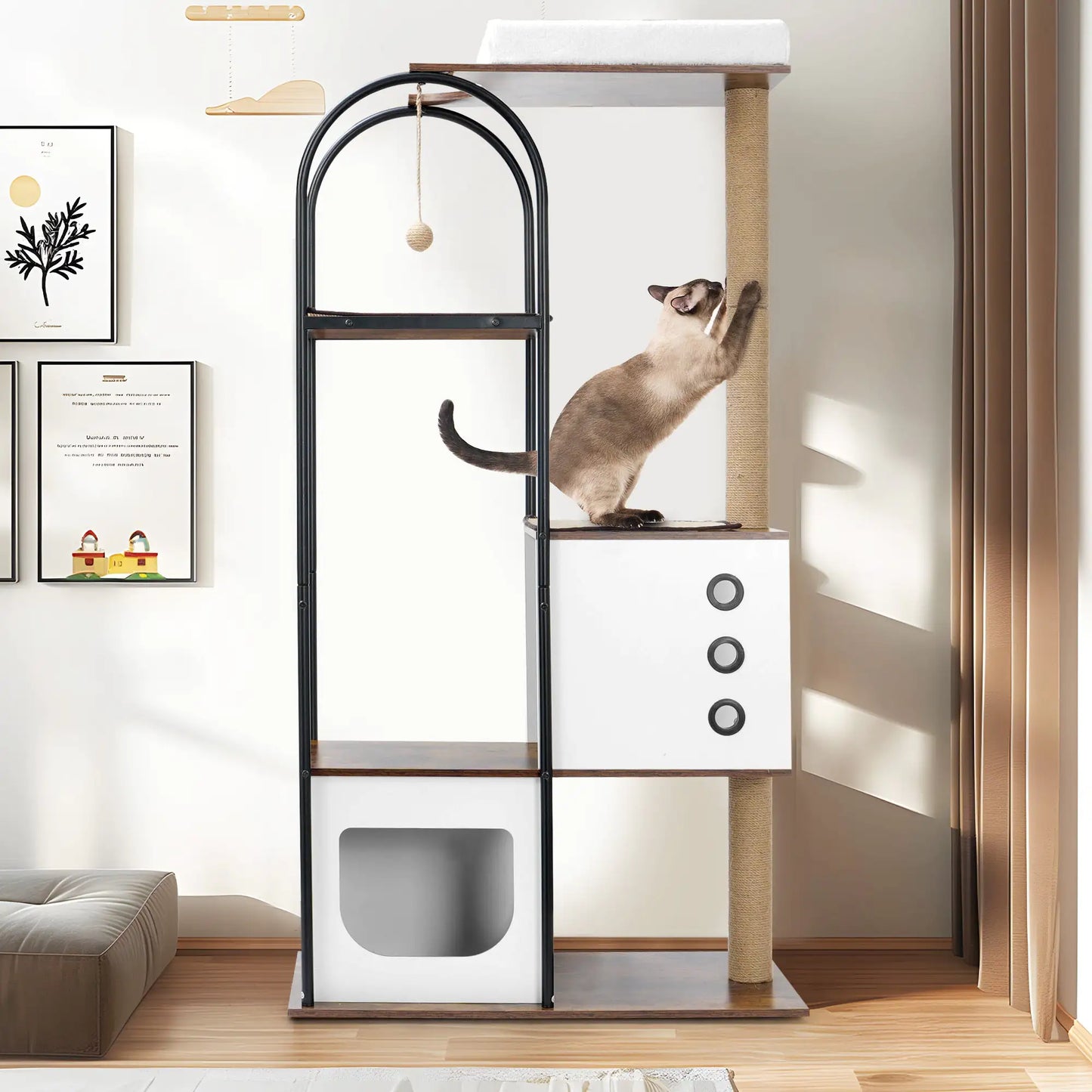 Modern Multi-Level Cat Tower – Sleek White & Vintage Cat Tree for Indoor Climbing, Scratching & Relaxing