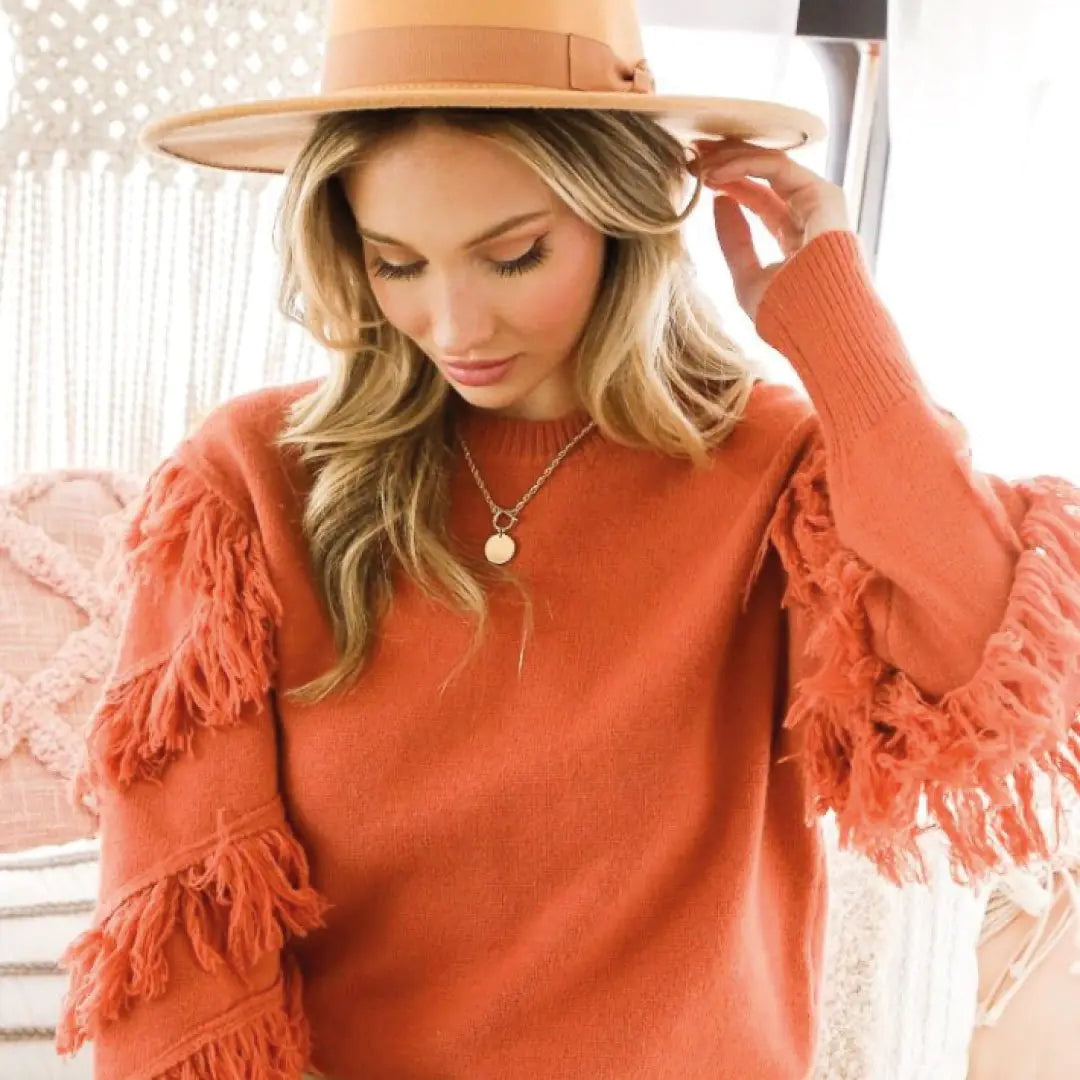 Tassel Sleeve Knitted Sweater – Soft Orange Knit with Diagonal Fringe Detail (S–L)