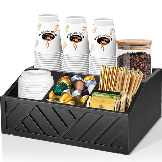 Coffee Bar Organizer for Countertop – 6-Compartment Black Wooden Coffee Station Organizer with Adjustable Dividers