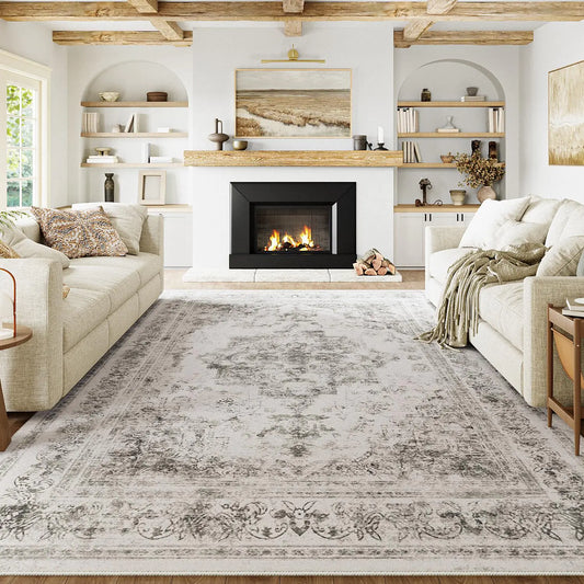 Vintage Medallion Washable Area Rug – 8x10 ft Grey Distressed Indoor Carpet