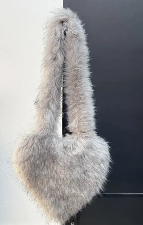 Women Heart Shape Faux Fur Fleece Shoulder Bag