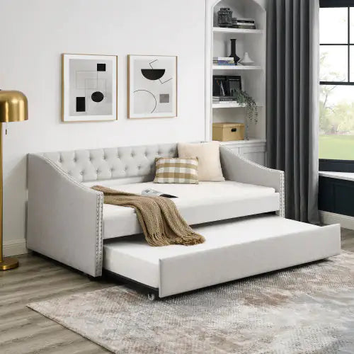Double Sofa Bed with Double Roller – Tufted Upholstered Sofa with Button Back and Brass Studs on Wavy Arms, Beige (80.5"x41"x30.5")
