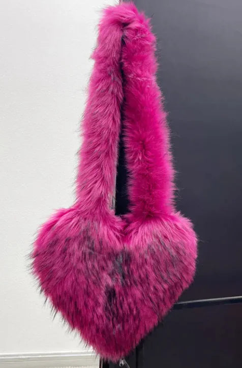 Women Heart Shape Faux Fur Fleece Shoulder Bag