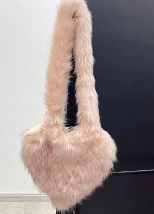 Women Heart Shape Faux Fur Fleece Shoulder Bag