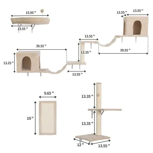 Wall-Mounted Cat Tree with 2 Apartments, 3 Ledges, 2 Ladders & Sisal Scratcher – Modern Space-Saving Cat Furniture for Climbing, Scratching & Lounging