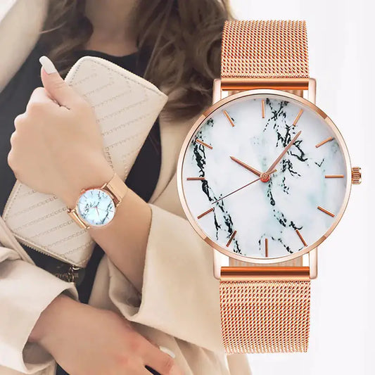 Add a Touch of Elegance with our Rose Gold Mesh Band Marble Watch