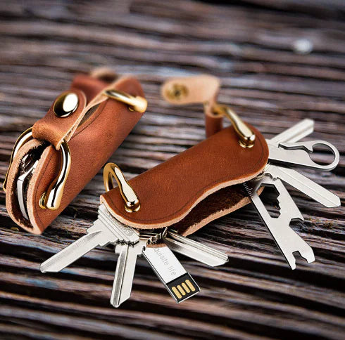 Brown Cowhide Key Organizer – Premium Leather Key Pouch with Metal Buckle Closure