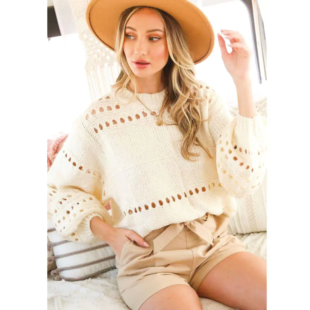 Balloon Sleeves Open-Knit Sweater Top – Lightweight Knit, Relaxed Fit, and Elegant Style