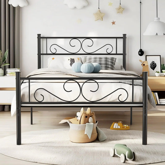 Twin Size Bed Frame with Headboard, 14 Inch Metal Platform Mattress Foundation, No Box Spring Needed, Squeak Resistant, Easy Assembly, Matte Black