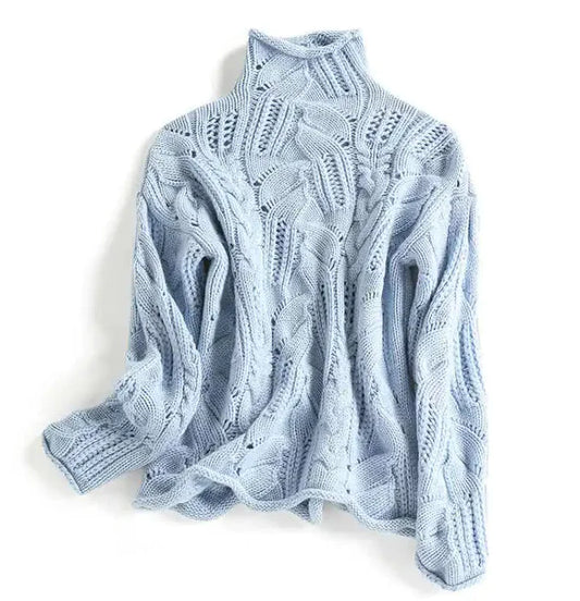 Knit Sweater with Hollow Crochet Design – High-Neck Thick Pullover for Cozy Style (S–2XL)
