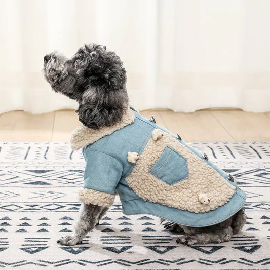 Retro Denim Dog Jacket with Teddy Bear Decoration – Soft Fleece Lining for Cold Weather Comfort