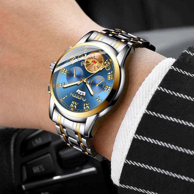 Men's Stainless Steel Quartz Watch – Precision Timekeeping with Luminous Hands & Tourbillon-Inspired Design (41mm Case, 3 Color Options)