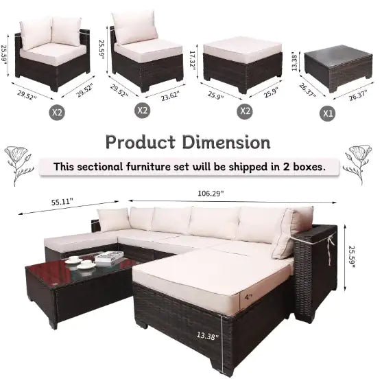 Outdoor Garden Patio Furniture 7-Piece PE Rattan Sofa Set with Cushions & Coffee Table – Beige
