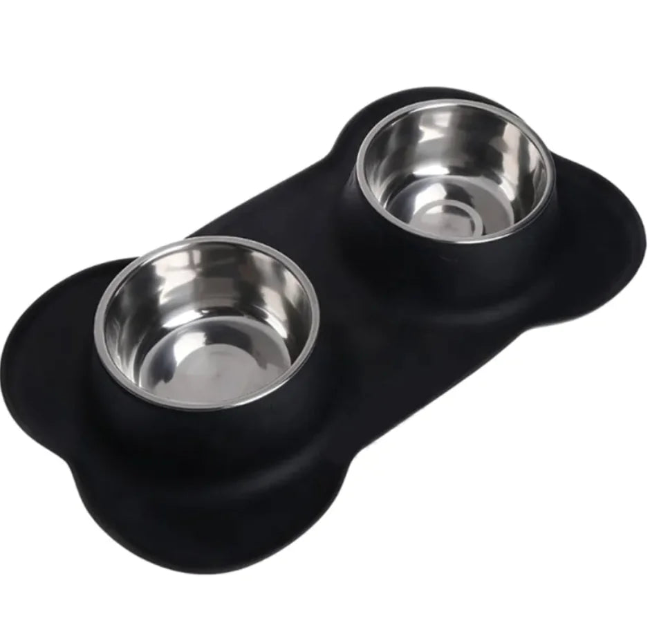 Bone-Shaped Silicone Pet Bowl Mat with Stainless Steel Bowls