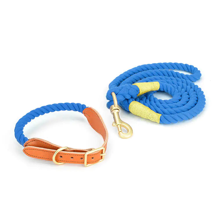 Cowhide Woven Cotton Rope Dog Leash & Collar Set – Durable & Stylish for All Breeds (Sizes S–XL)