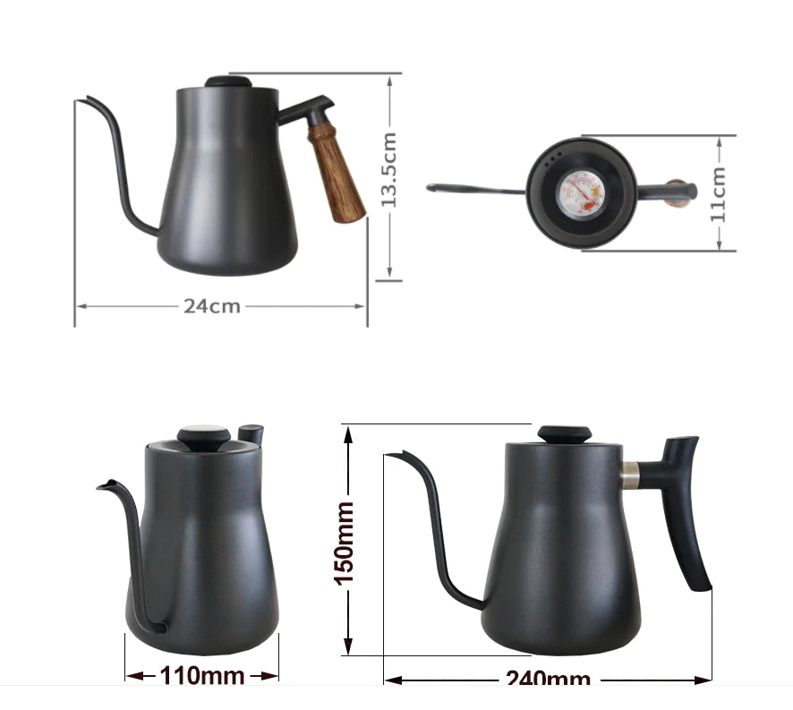 Coffee Dripper with Thermometer – 500ml Stainless Steel Gooseneck Kettle with Wooden Handle, Temperature Control for Pour Over Brewing – Black