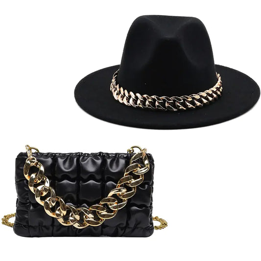 Fedora Hat and Handbag with Gold Chain – A Luxurious Fashion Statement