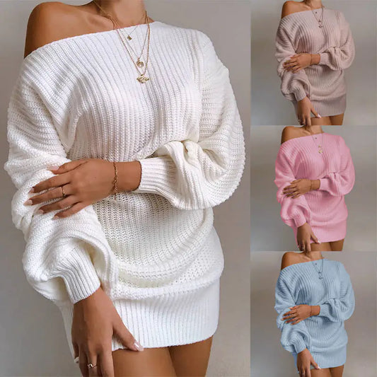 Off-Shoulder Women's Knitted Sweater Dress – Cozy Streetwear Elegance in Multiple Colors